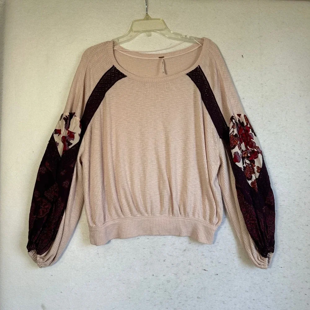Free People Thermal Knit Balloon Sleeve Patchwork Top Peach Burgundy Medium